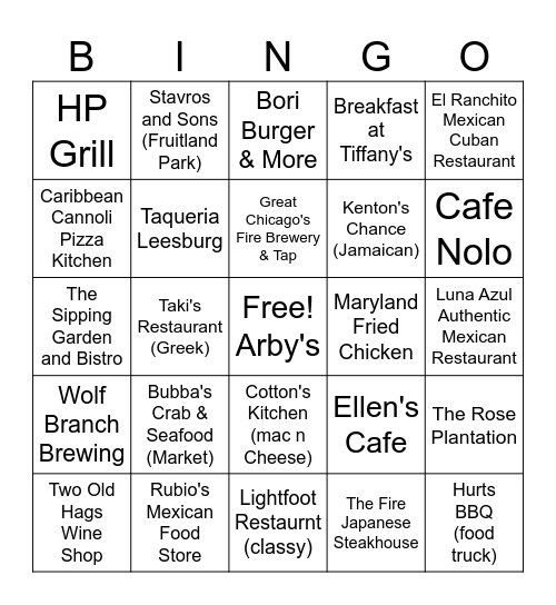 Leesburg Foodie 2 Bingo Card