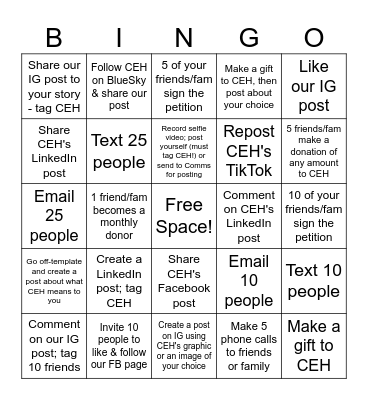 CEH Giving Tuesday 2024 Bingo! Bingo Card