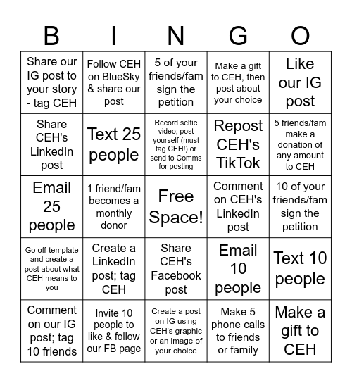 CEH Giving Tuesday 2024 Bingo! Bingo Card