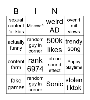 YT shorts bingo Card