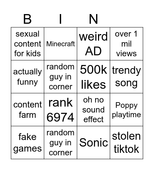 YT shorts bingo Card