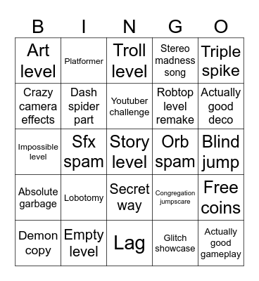 Geometry Dash Recent Tab Bingo Card