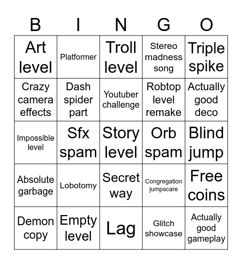 Geometry Dash Recent Tab Bingo Card