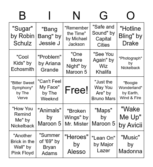 Music Bingo Hits Round #2 Bingo Card