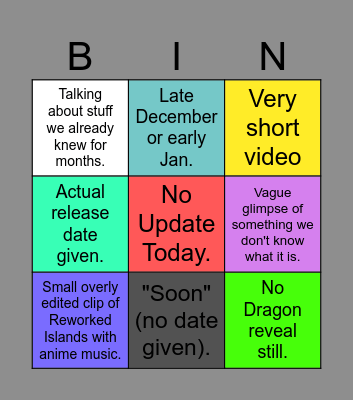 Dragon Update News Bingo Card
