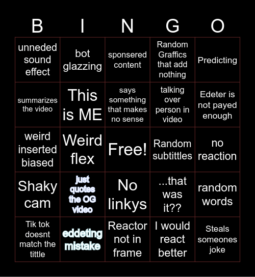 Bad reacton bingo Card