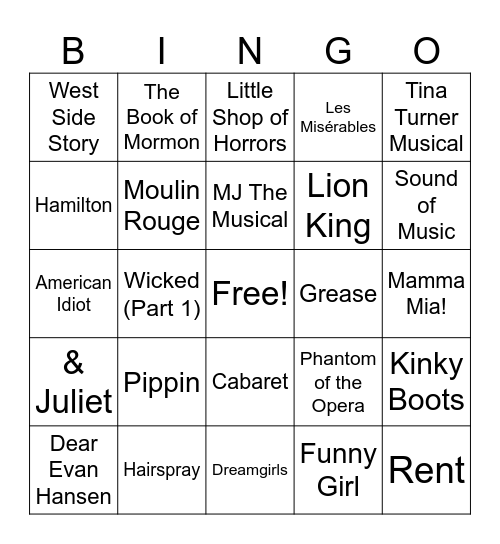 Musicals Bingo Card