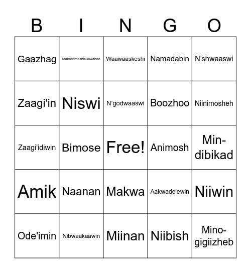 Ojibwe Bingo Card