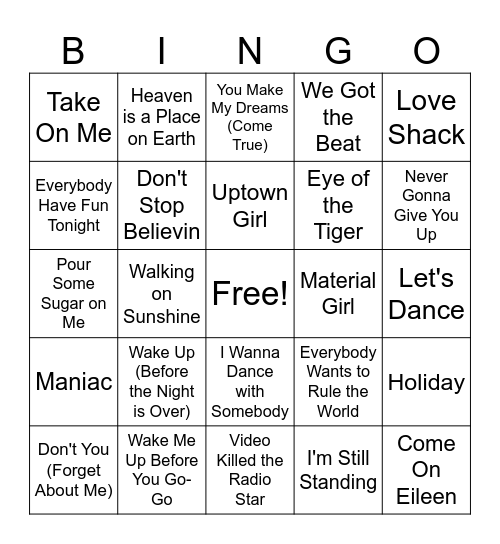 POP HITS | RD 2 | 80'S Bingo Card