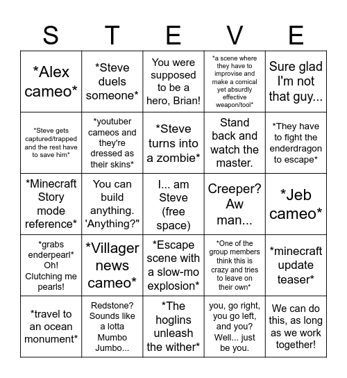 Minecraft Movie Bingo Card