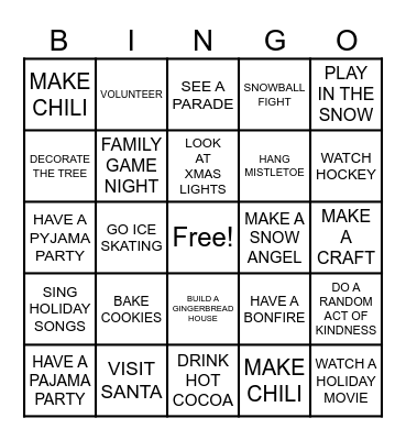 Winter Bucket List Bingo Card