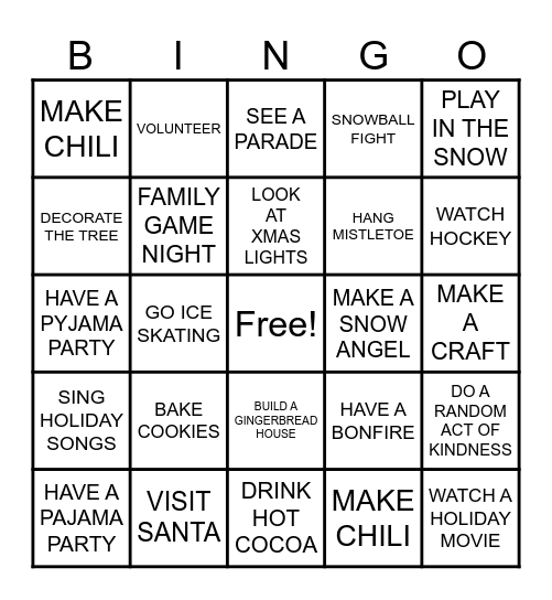 Winter Bucket List Bingo Card