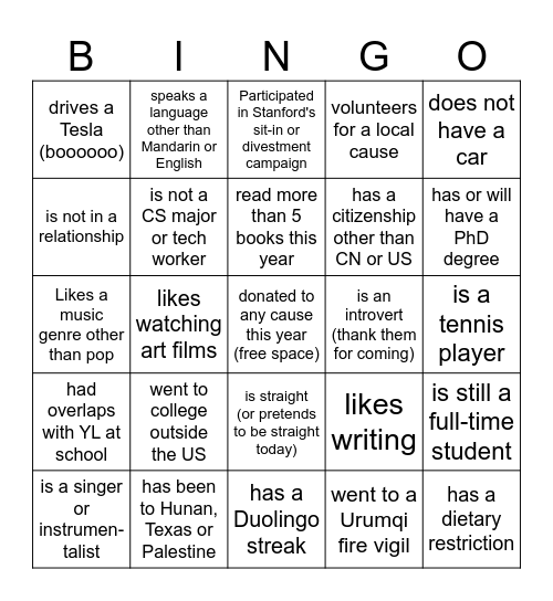 Talk to someone who ... (write their name down) Bingo Card