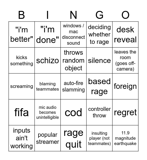GAMER RAGE BINGO🤬🤬🤬 Bingo Card