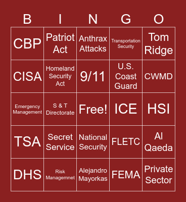 Homeland Security Bingo! Bingo Card