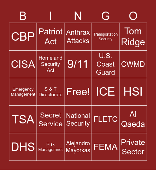 Homeland Security Bingo! Bingo Card