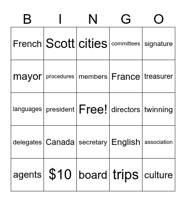 Le Jumelage Bingo Card