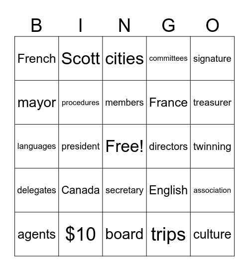 Le Jumelage Bingo Card