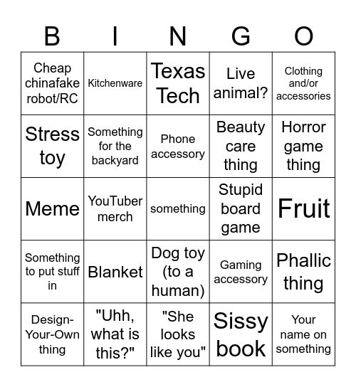 Stuff We'll Get for Christmas Bingo Card