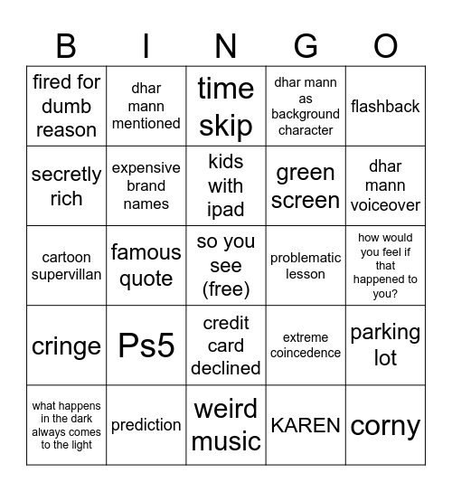 Dhar mann bingo Card