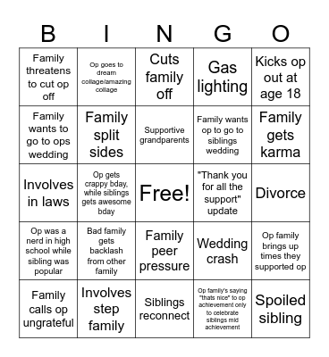 Reddit Story Bingo Card