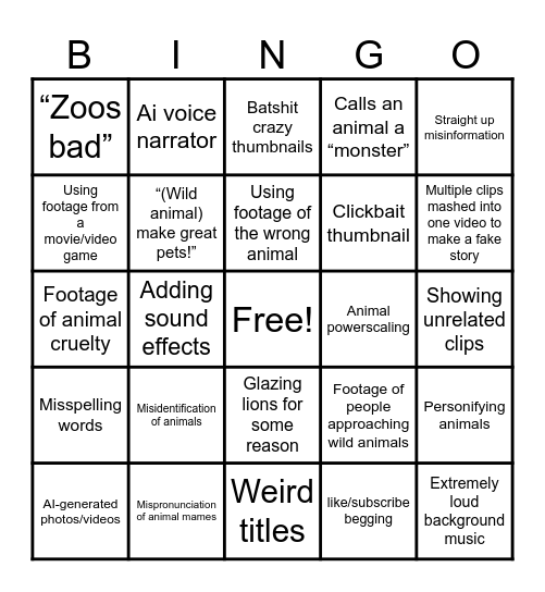 Terrible zoology videos Bingo Card