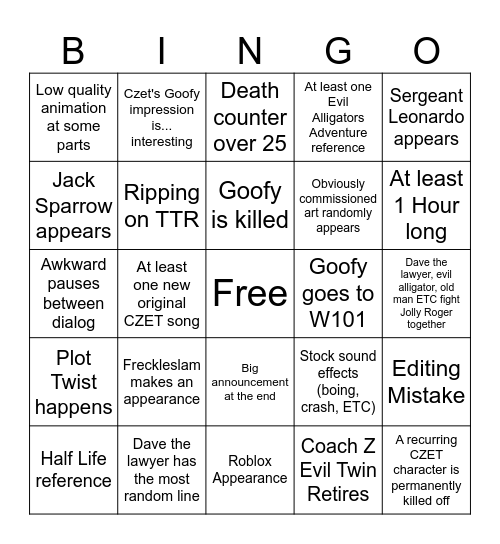 Goofy's Toontown Adventure Bingo Card