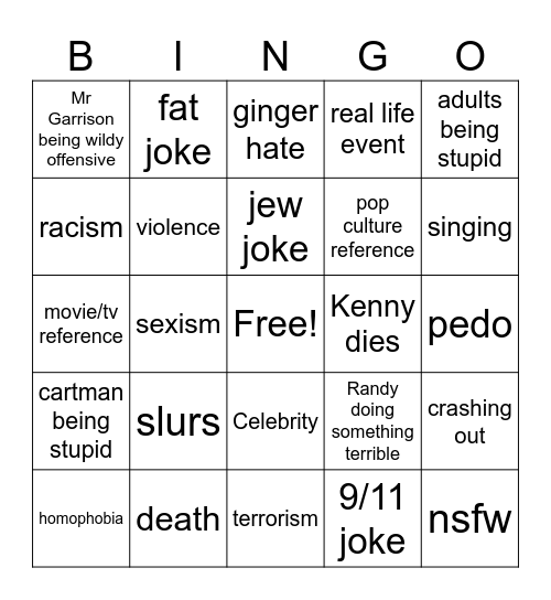 South Park Bingo Card