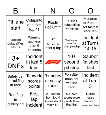 F1 Bingo - Vegas 2024 Bingo Card