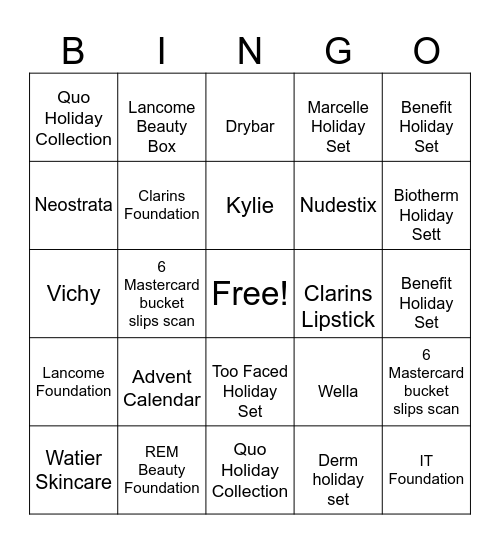 Beauty Bingo Card