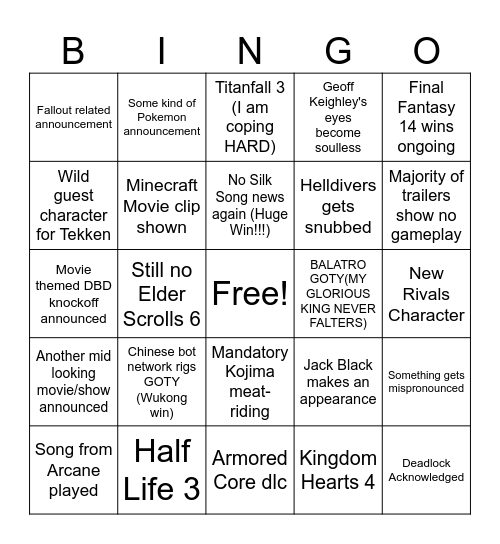 Game Awards Bingo Card