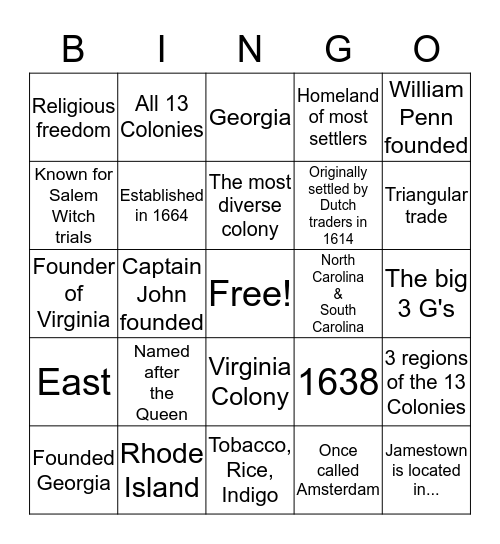 13 Colonies review Bingo Card