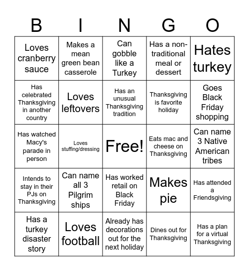 Thanksgiving BINGO Card