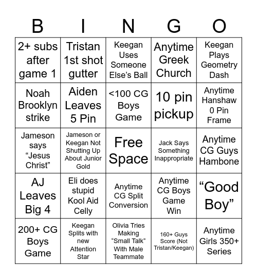 CG Bowling Match Bingo Card Bingo Card