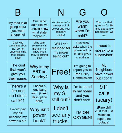 Outage Bingo! Bingo Card