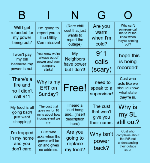 Outage Bingo! Bingo Card