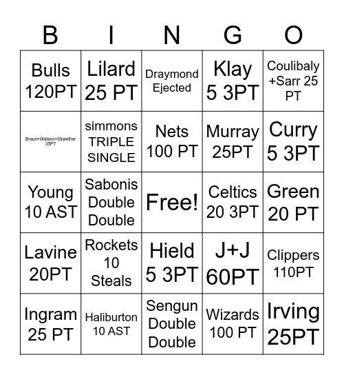 NBA NOV 22 Bingo Card