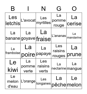 Les fruits Bingo Card