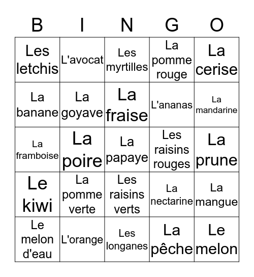 Les fruits Bingo Card