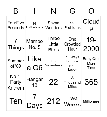Songs with #s in the title Bingo Card