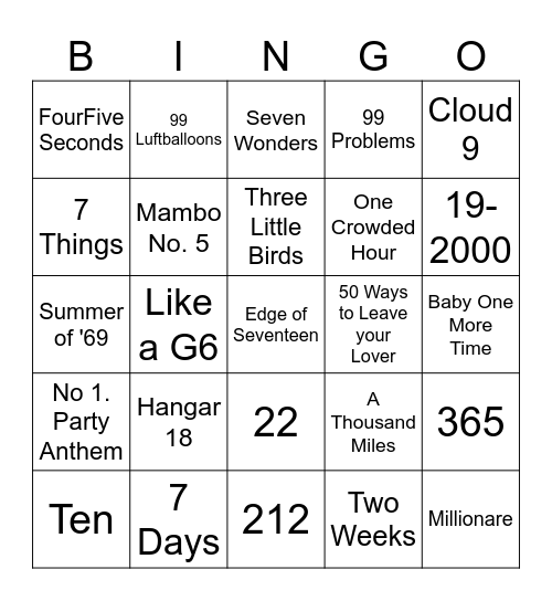 Songs with #s in the title Bingo Card