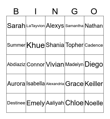 Room 201 Bingo Card