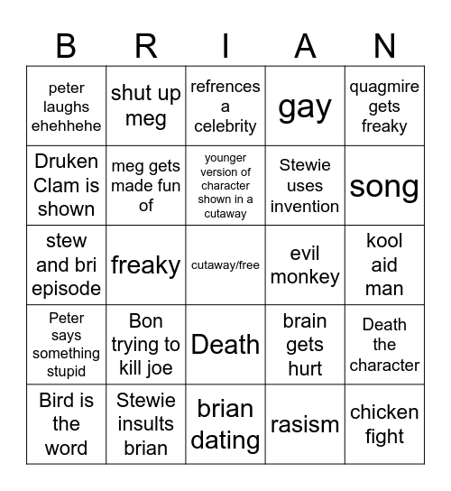 Family Guy Bingo Card
