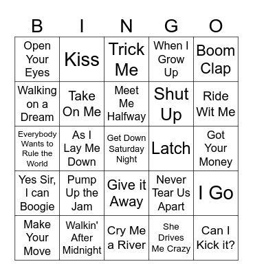 Songs with verbs in the title Bingo Card