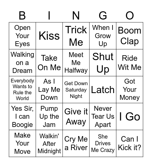 Songs with verbs in the title Bingo Card