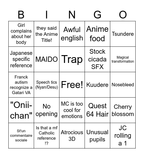 Anime Bingo Card