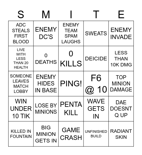 Smite Bingo Card