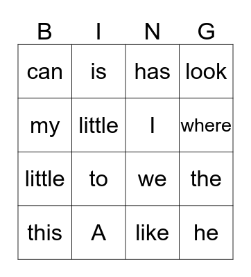 Sight Words Bingo Card