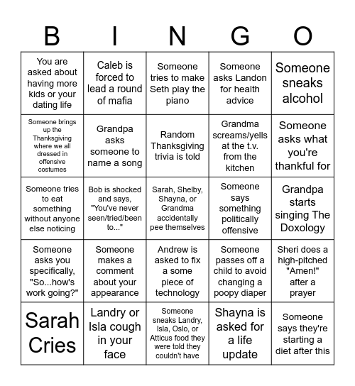 Nobody Puts Gravy in the Corner Bingo Card