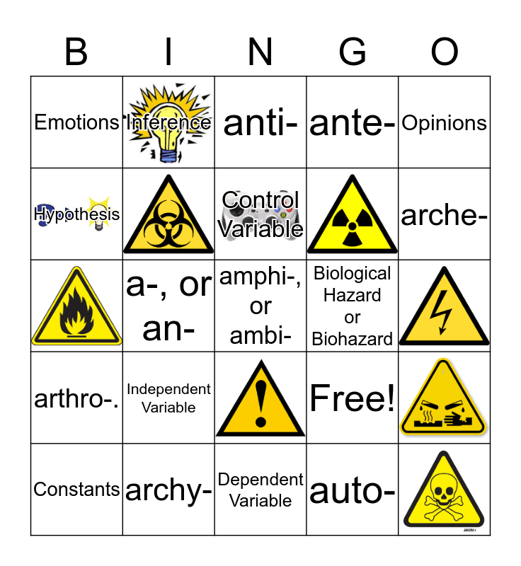 Experimental Design, Word Parts & Safety Bingo Card